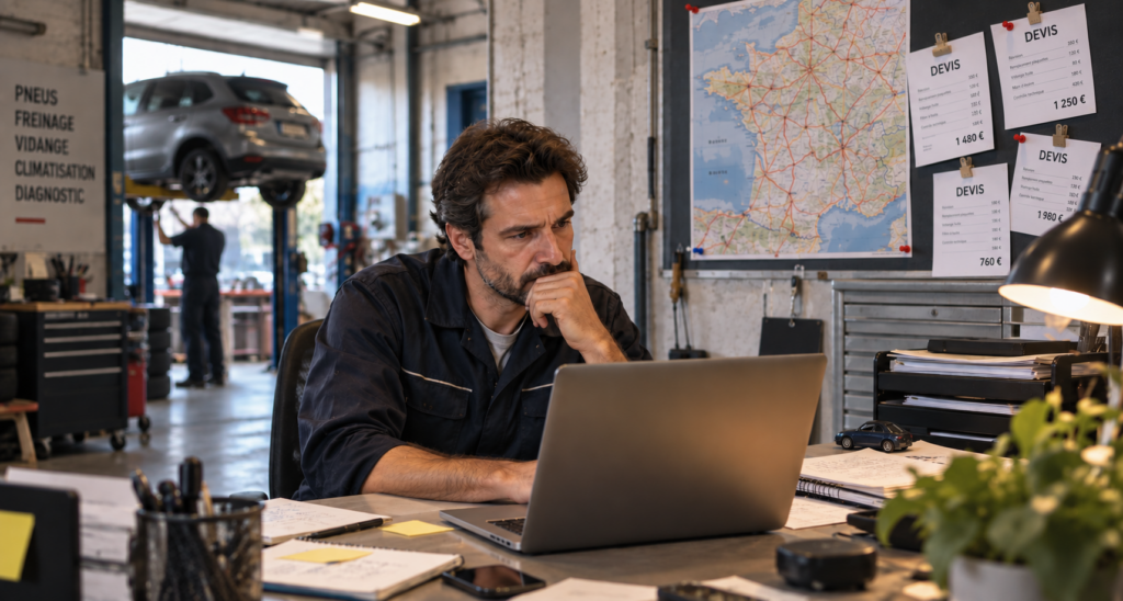 garagiste en réflexion devant son ordinateur