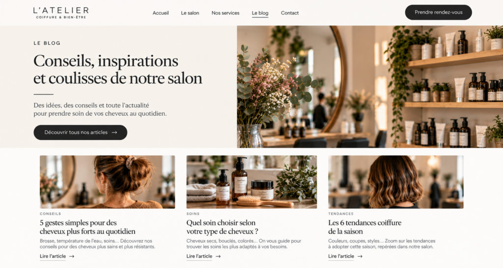 Page d'accueil du blog d'un salon de coiffure
